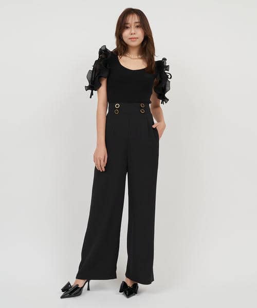 【丈が選べる】ラッフルスリーブダイヤネックオールインワン 詳細画像