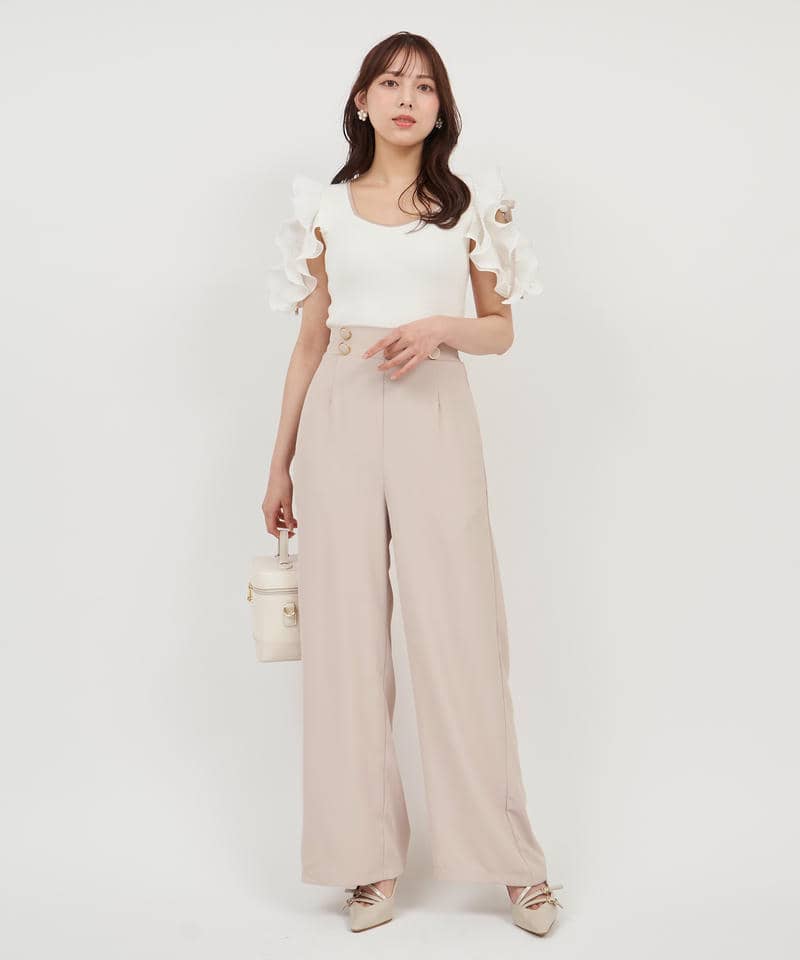 【丈が選べる】ラッフルスリーブダイヤネックオールインワン 詳細画像 ベージュ 1