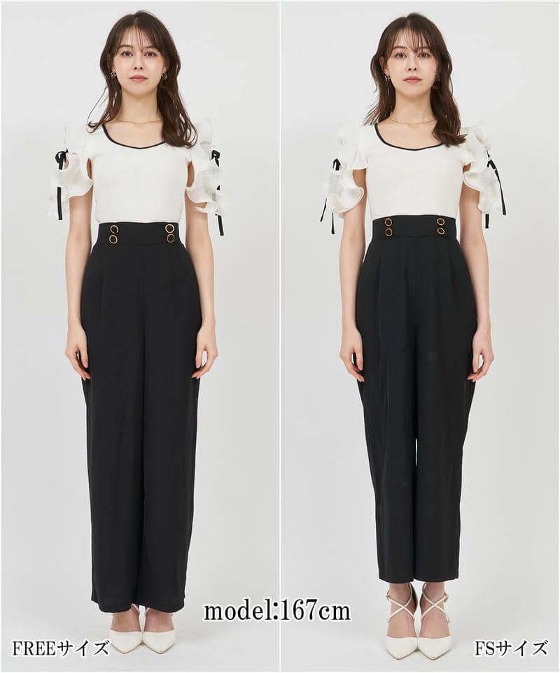 【丈が選べる】ラッフルスリーブダイヤネックオールインワン 詳細画像 ベージュ 14