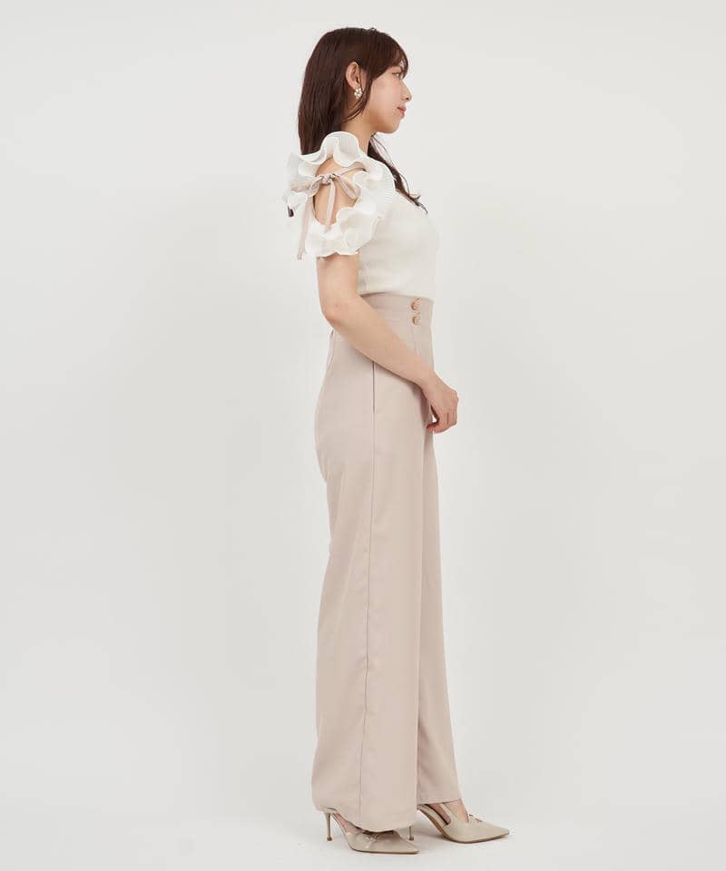 【丈が選べる】ラッフルスリーブダイヤネックオールインワン 詳細画像 ベージュ 2