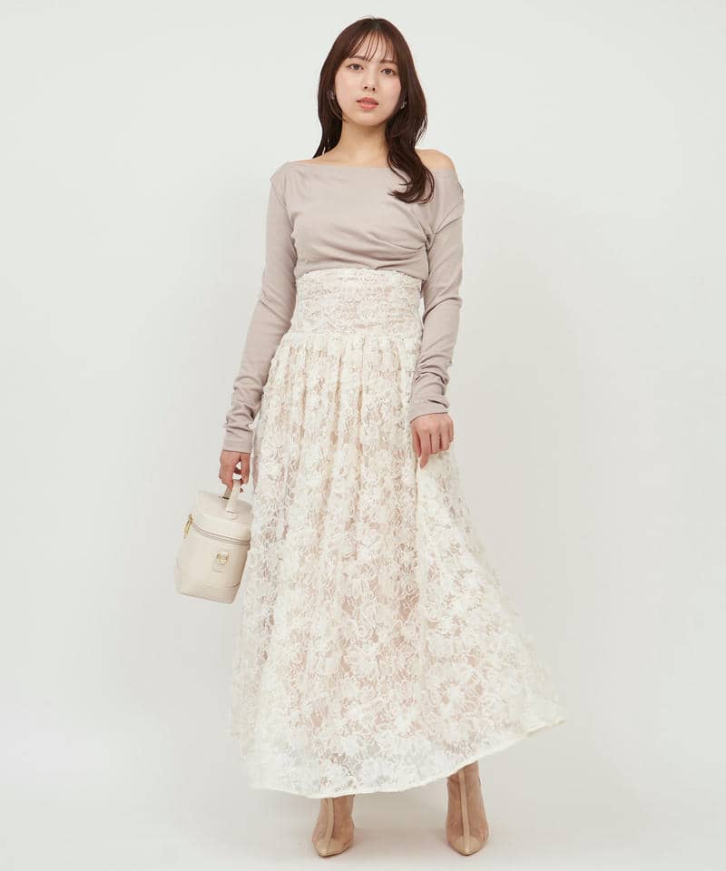 3Dレースコルセット切替フレアスカート 詳細画像 ベージュ 8