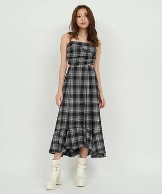 チェック柄カッティングキャミフレアワンピース