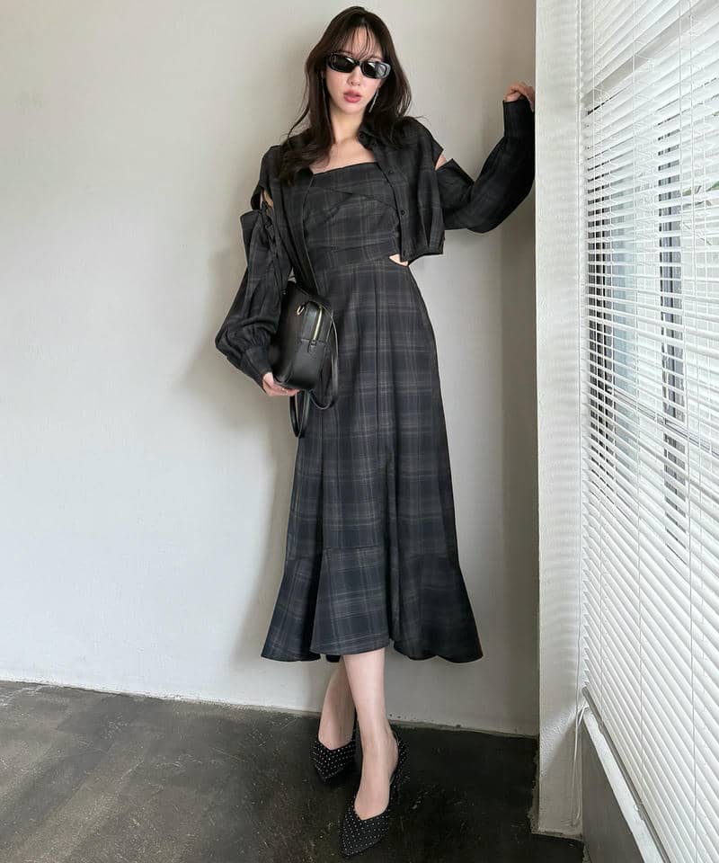 チェック柄カッティングキャミフレアワンピース 詳細画像 ネイビー 2