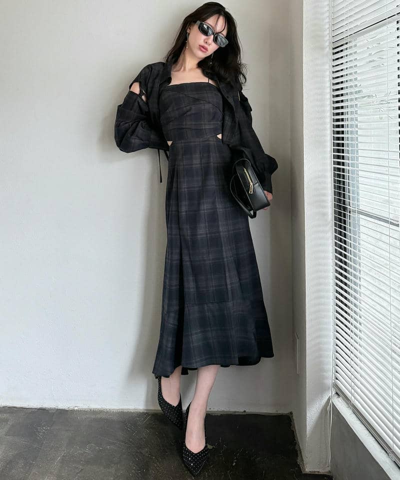 チェック柄カッティングキャミフレアワンピース 詳細画像 ネイビー 3