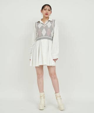 アーガイルベスト付シャツミニワンピース