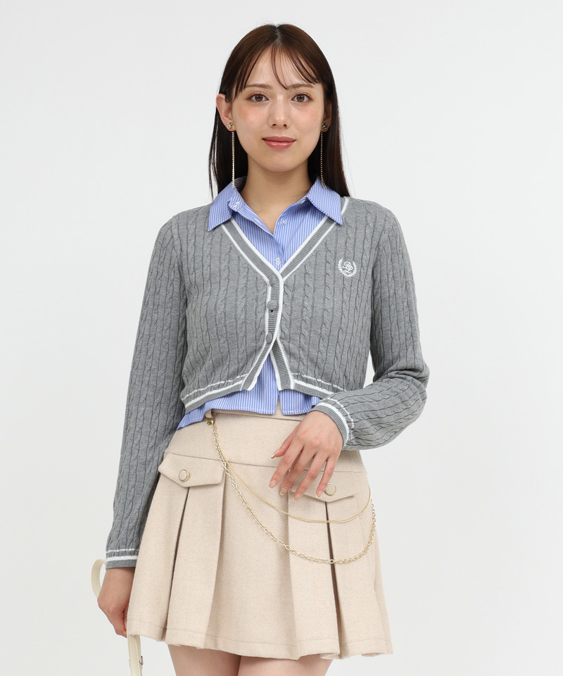 オリジナルカレッジロゴシャツ付ケーブルニットカーデトップス 詳細画像 グレー 1