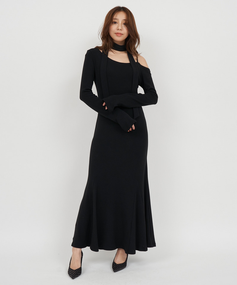 ストール付アシンメトリーカットマキシワンピース 詳細画像 ブラック 1