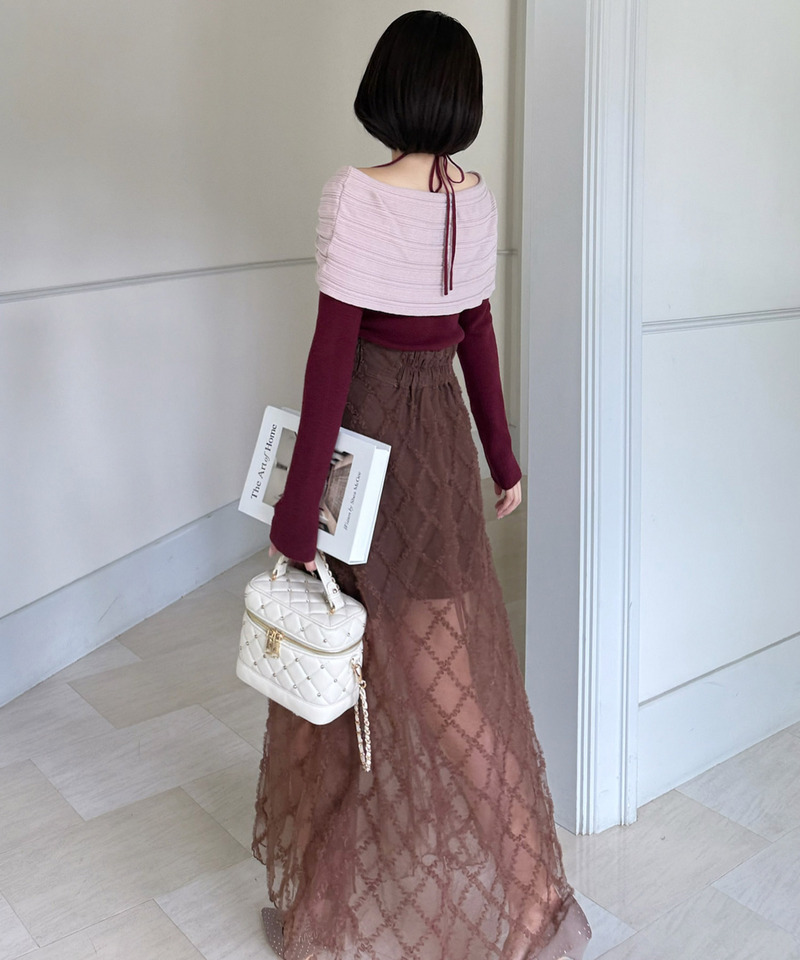 インナーショーパン付シアーチェックロングフレアスカート 詳細画像 ブラウン 5