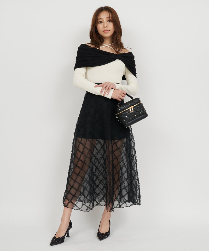 インナーショーパン付シアーチェックロングフレアスカート 詳細画像 ブラック 4