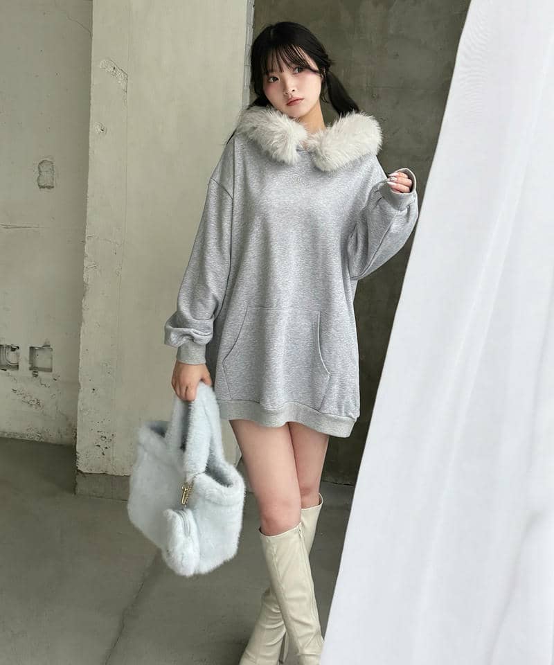 ファー付ラメ裏毛フーディーミニワンピース 詳細画像 グレー 12