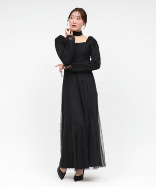 チョーカー付レイヤードチュールニットソーワンピース