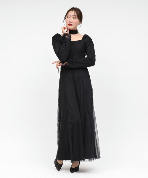 チョーカー付レイヤードチュールニットソーワンピース 詳細画像