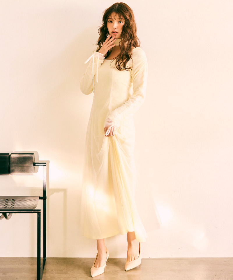 チョーカー付レイヤードチュールニットソーワンピース 詳細画像 オフホワイト 1