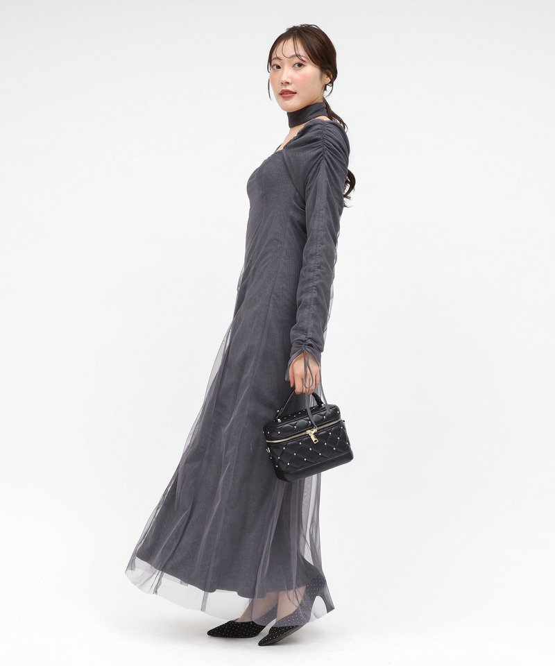 チョーカー付レイヤードチュールニットソーワンピース 詳細画像 グレー 1
