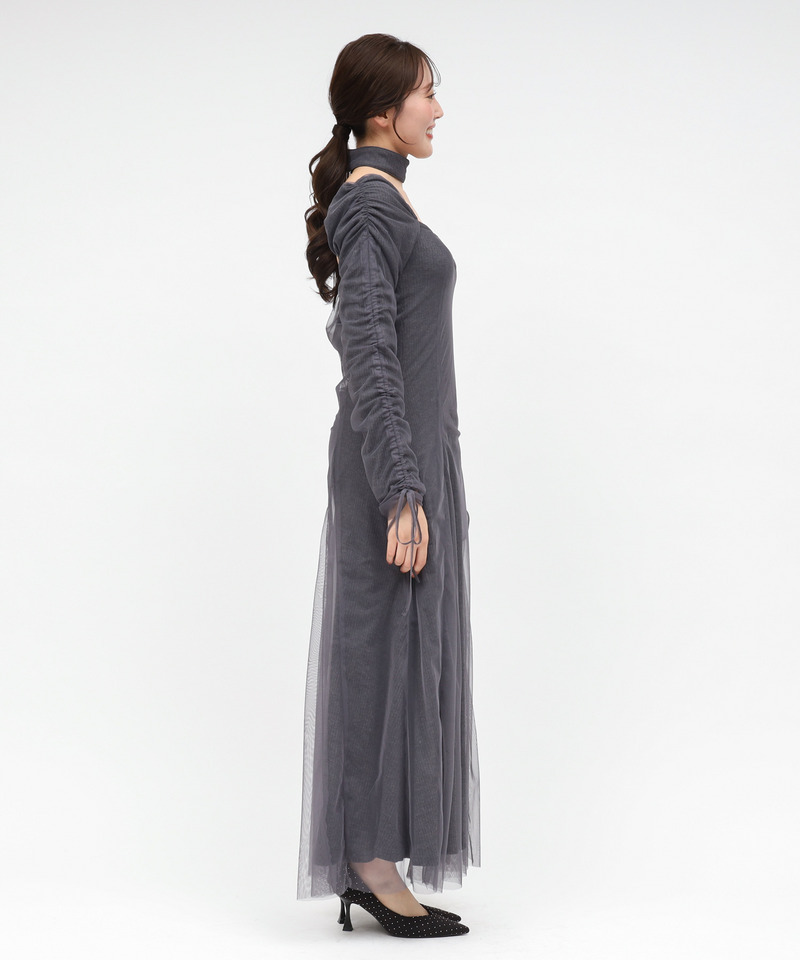 チョーカー付レイヤードチュールニットソーワンピース 詳細画像 グレー 2