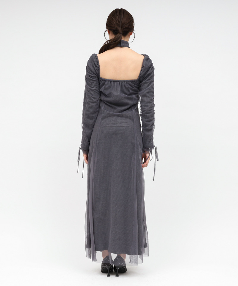 チョーカー付レイヤードチュールニットソーワンピース 詳細画像 グレー 3