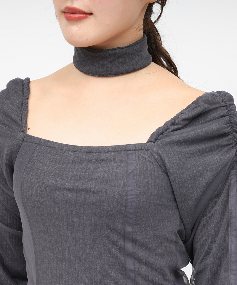 チョーカー付レイヤードチュールニットソーワンピース 詳細画像 グレー 4