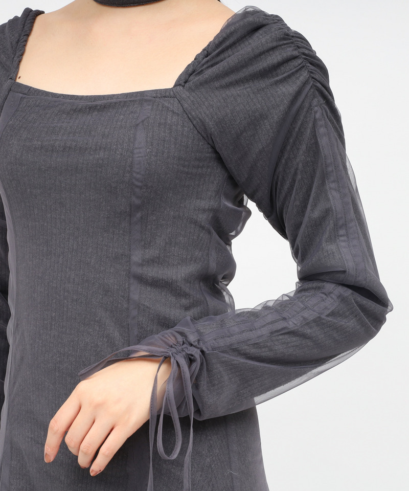 チョーカー付レイヤードチュールニットソーワンピース 詳細画像 グレー 6