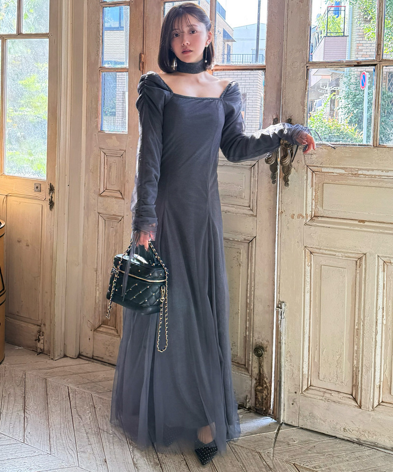 チョーカー付レイヤードチュールニットソーワンピース 詳細画像 グレー 8