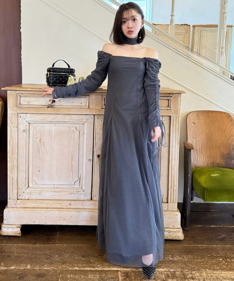 チョーカー付レイヤードチュールニットソーワンピース 詳細画像 グレー 9