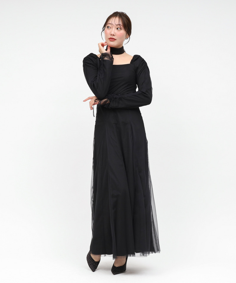 チョーカー付レイヤードチュールニットソーワンピース 詳細画像 ブラック 1