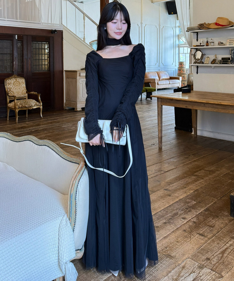 チョーカー付レイヤードチュールニットソーワンピース 詳細画像 ブラック 2