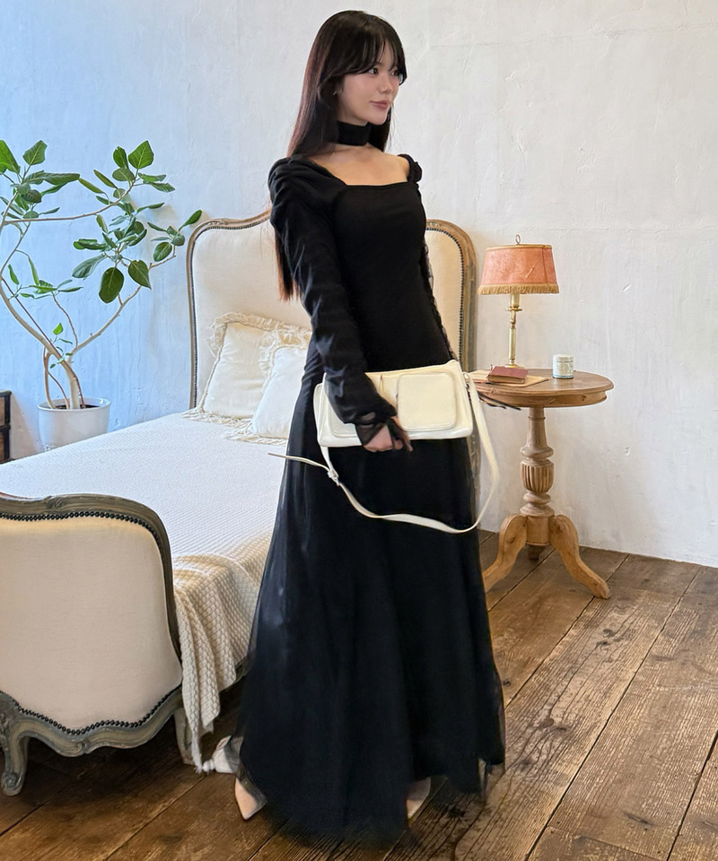 チョーカー付レイヤードチュールニットソーワンピース 詳細画像 ブラック 3