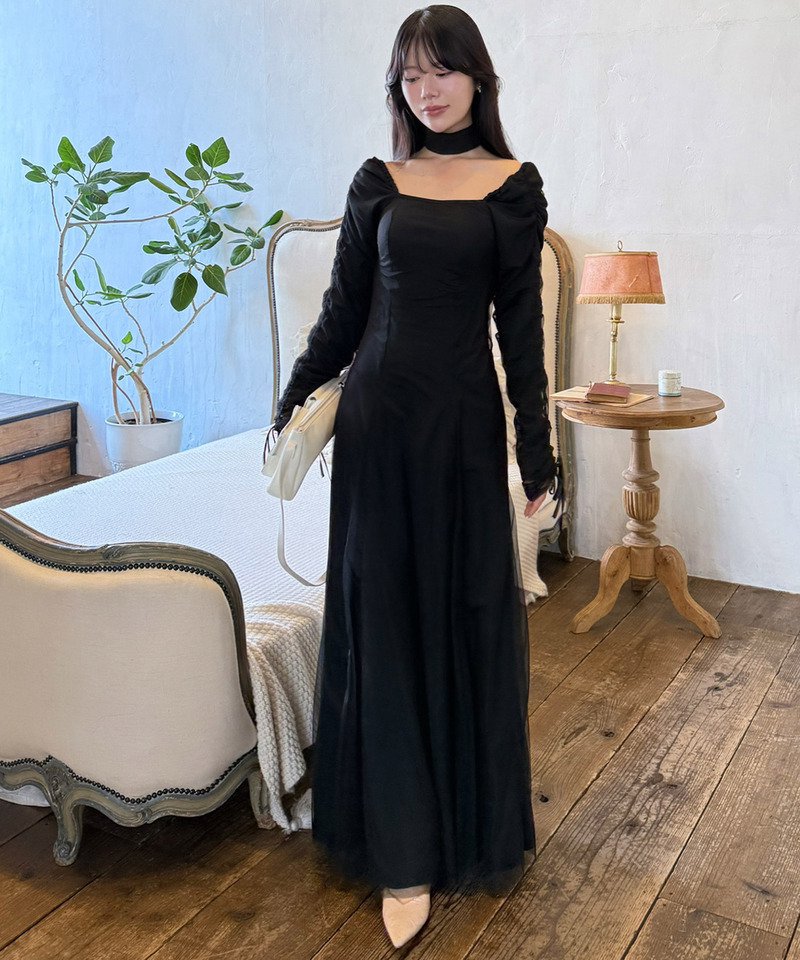 チョーカー付レイヤードチュールニットソーワンピース 詳細画像 ブラック 4