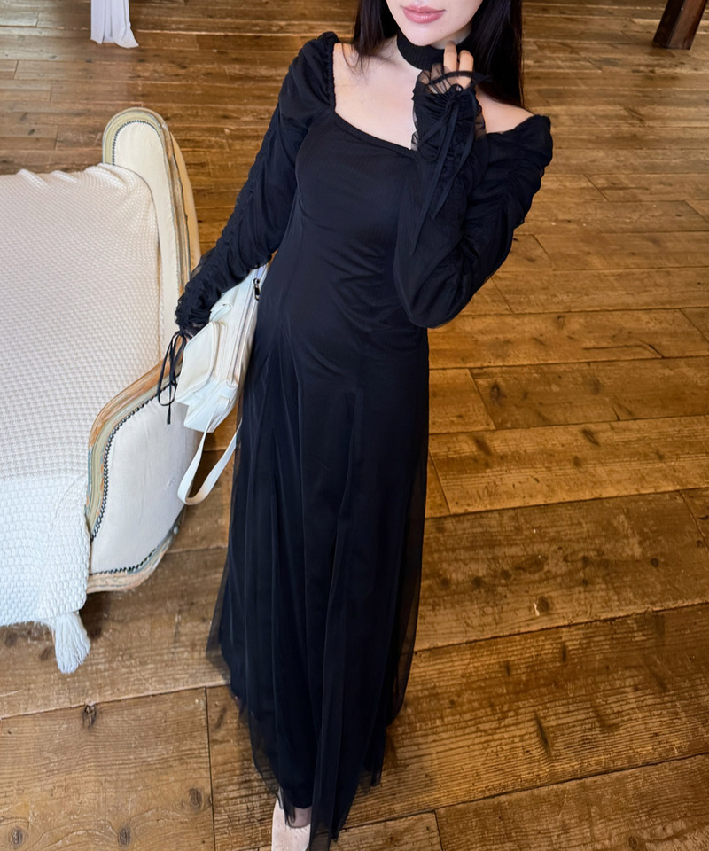 チョーカー付レイヤードチュールニットソーワンピース 詳細画像 ブラック 5