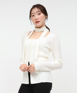 ストール付ボタンスリットニットトップス