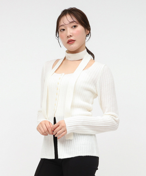 ストール付ボタンスリットニットトップス 詳細画像