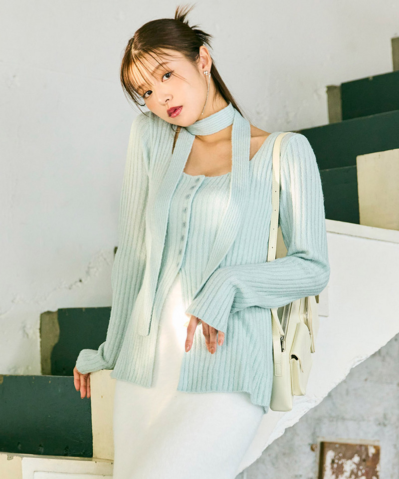 ストール付ボタンスリットニットトップス 詳細画像 ブルー 1