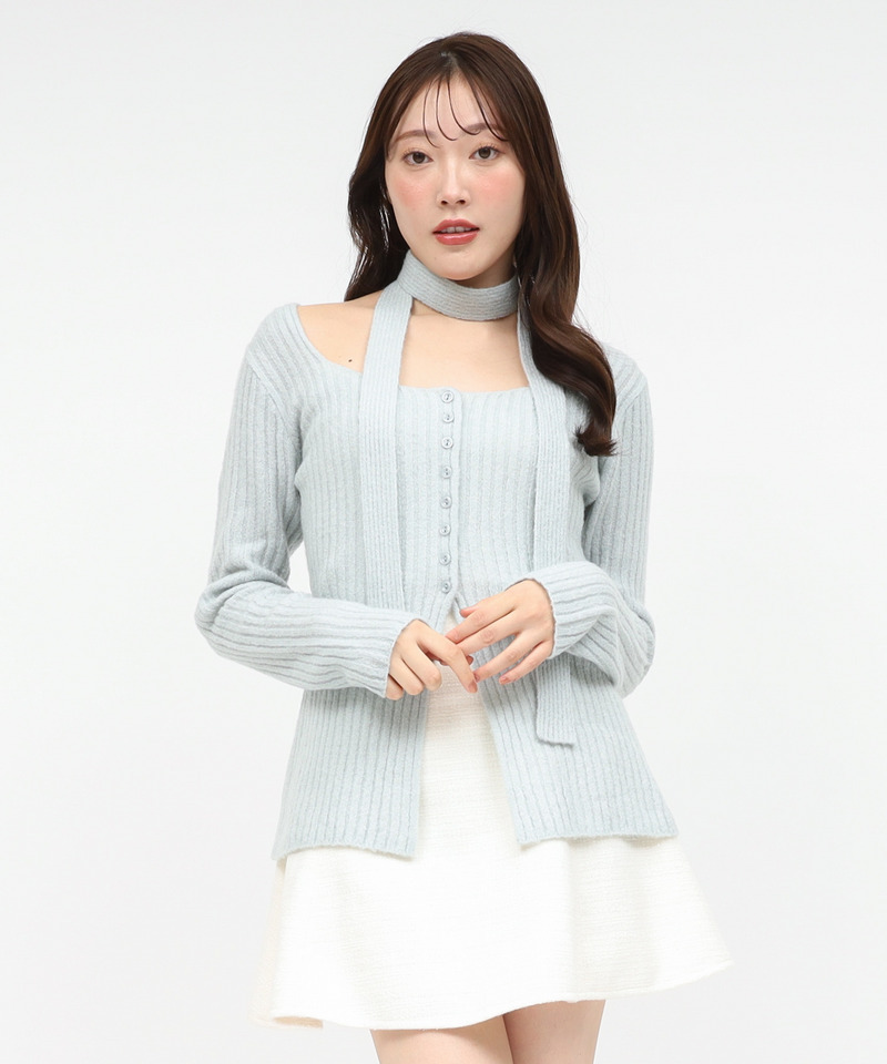 ストール付ボタンスリットニットトップス 詳細画像 ブルー 2
