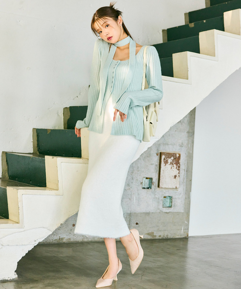 ストール付ボタンスリットニットトップス 詳細画像 ブルー 4