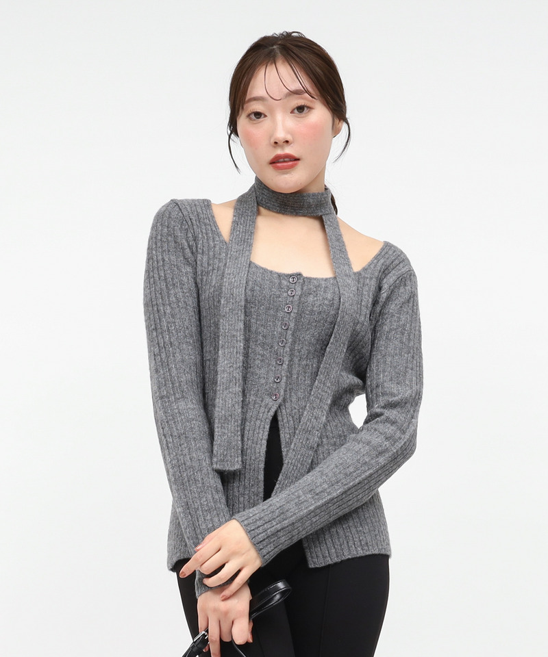 ストール付ボタンスリットニットトップス 詳細画像 グレー 1