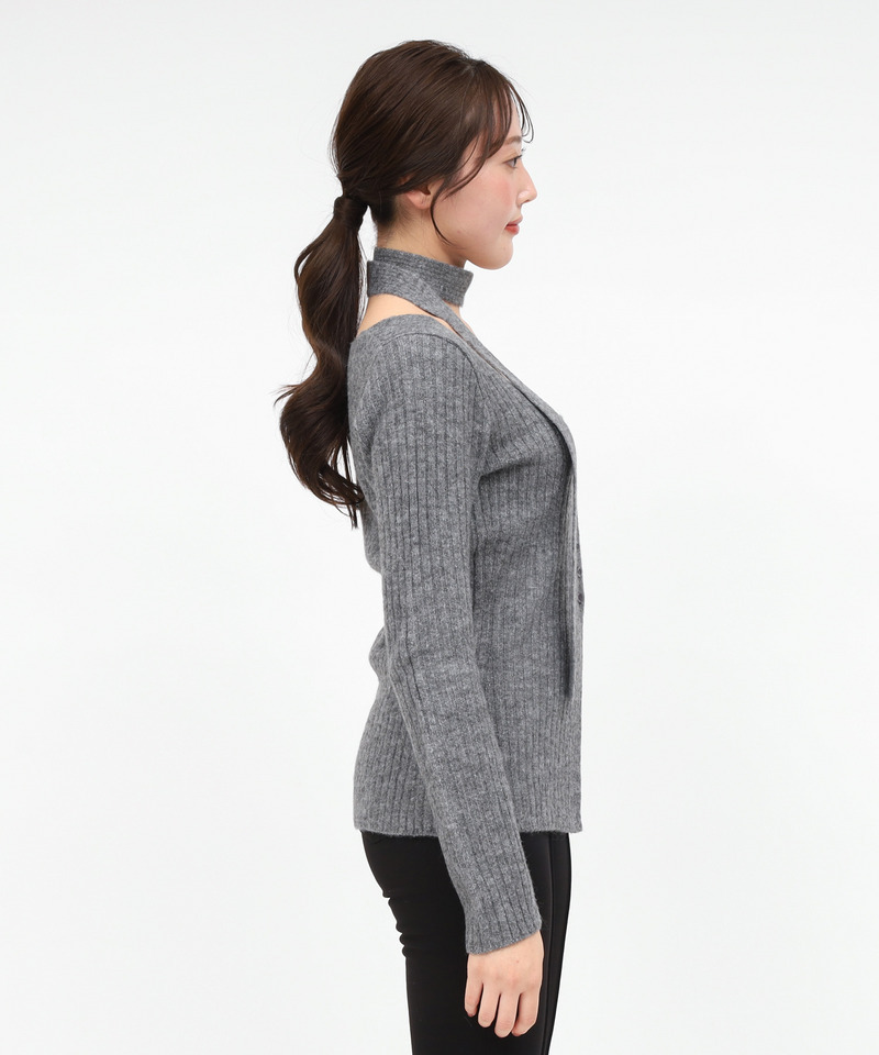 ストール付ボタンスリットニットトップス 詳細画像 グレー 2