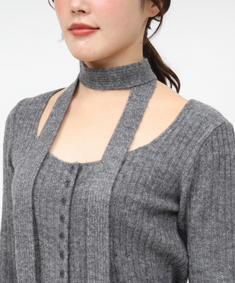 ストール付ボタンスリットニットトップス 詳細画像 グレー 4