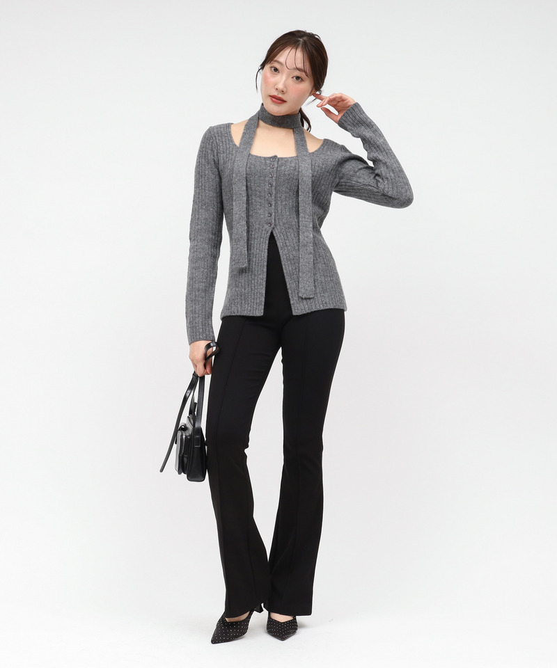 ストール付ボタンスリットニットトップス 詳細画像 グレー 9
