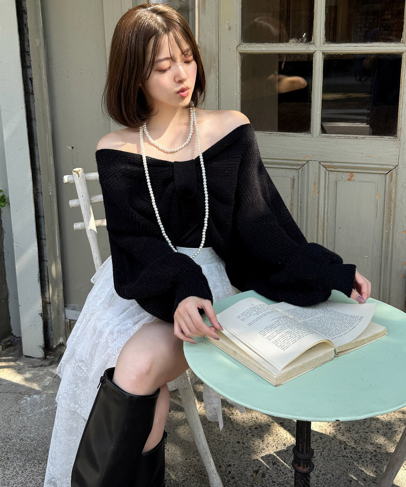 ドルマンリボンニットトップス 詳細画像 ブラック 2