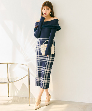 ファートリミングチェックジャガードニットタイトワンピース