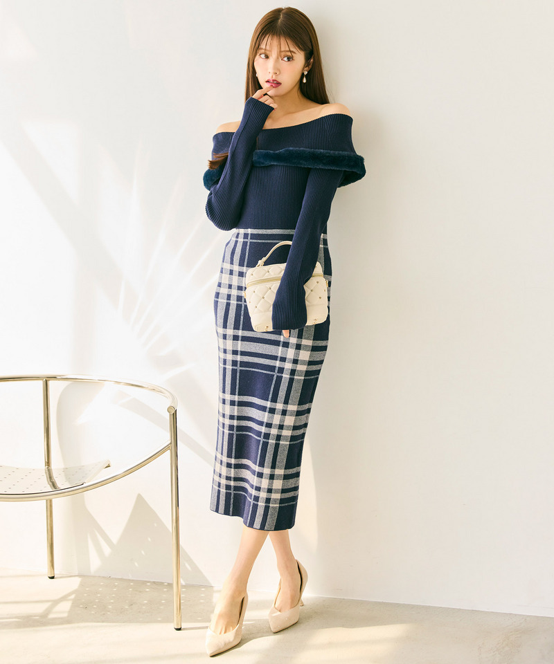 ファートリミングチェックジャガードニットタイトワンピース 詳細画像 ネイビー 1