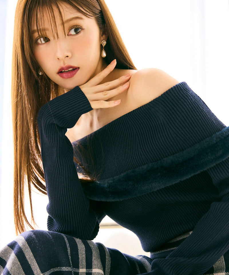 ファートリミングチェックジャガードニットタイトワンピース 詳細画像 ネイビー 11