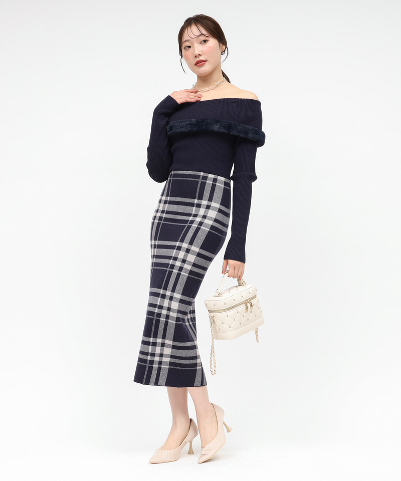 ファートリミングチェックジャガードニットタイトワンピース 詳細画像 ネイビー 2