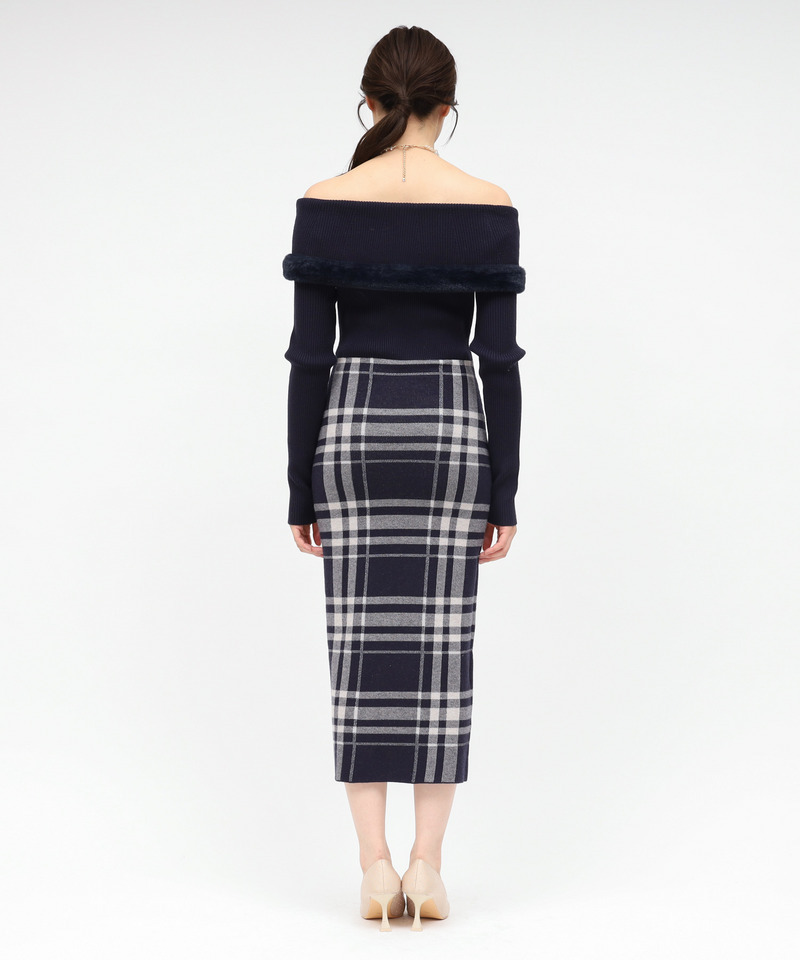 ファートリミングチェックジャガードニットタイトワンピース 詳細画像 ネイビー 3
