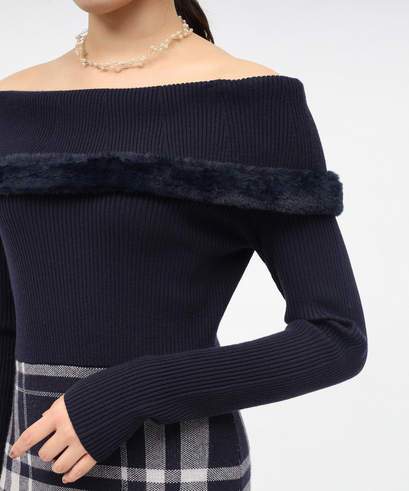 ファートリミングチェックジャガードニットタイトワンピース 詳細画像 ネイビー 5