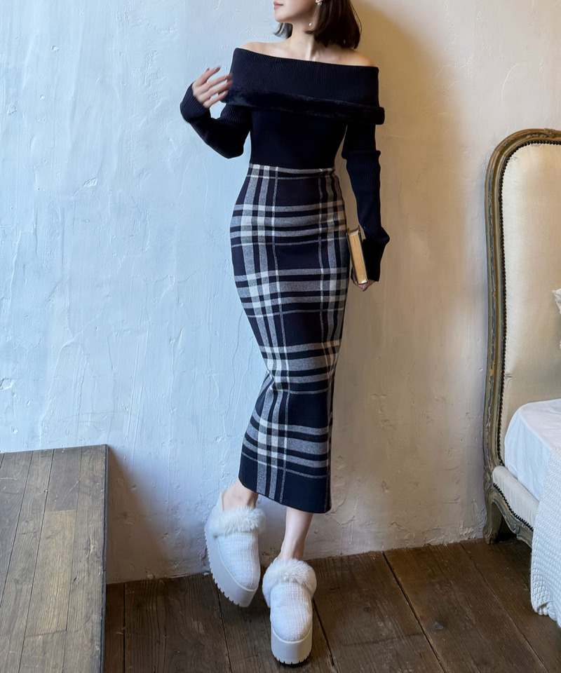 ファートリミングチェックジャガードニットタイトワンピース 詳細画像 ネイビー 8