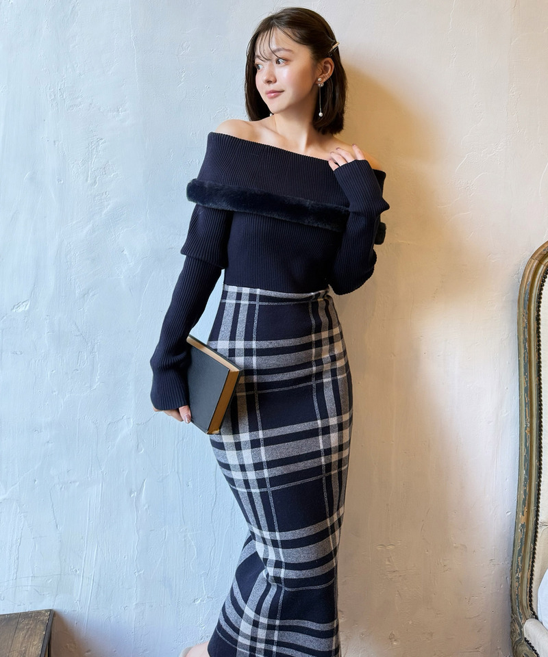 ファートリミングチェックジャガードニットタイトワンピース 詳細画像 ネイビー 9