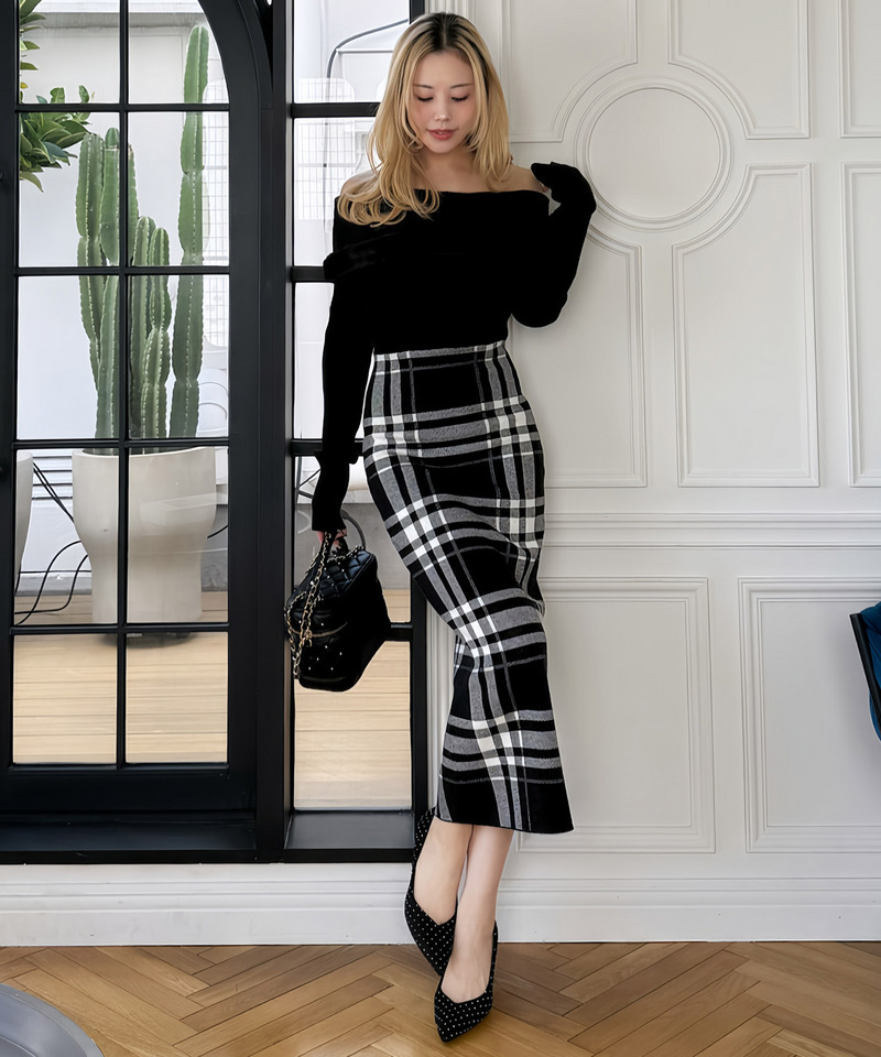 ファートリミングチェックジャガードニットタイトワンピース 詳細画像 ブラック 2