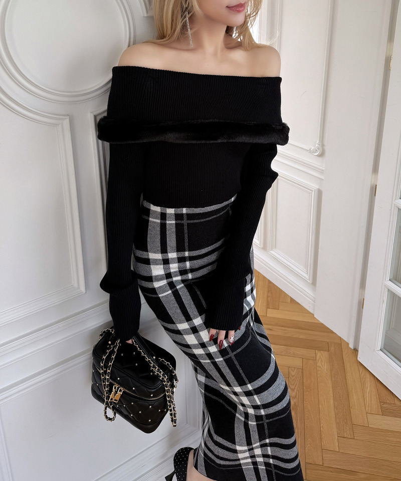 ファートリミングチェックジャガードニットタイトワンピース 詳細画像 ブラック 4