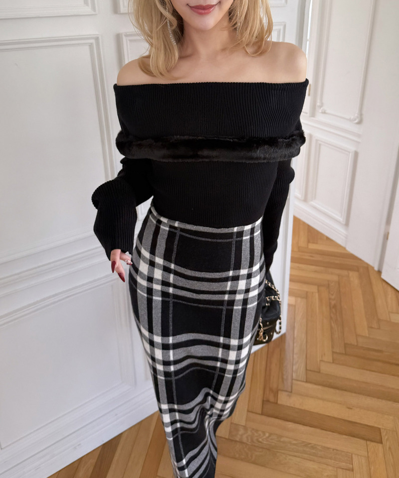 ファートリミングチェックジャガードニットタイトワンピース 詳細画像 ブラック 5